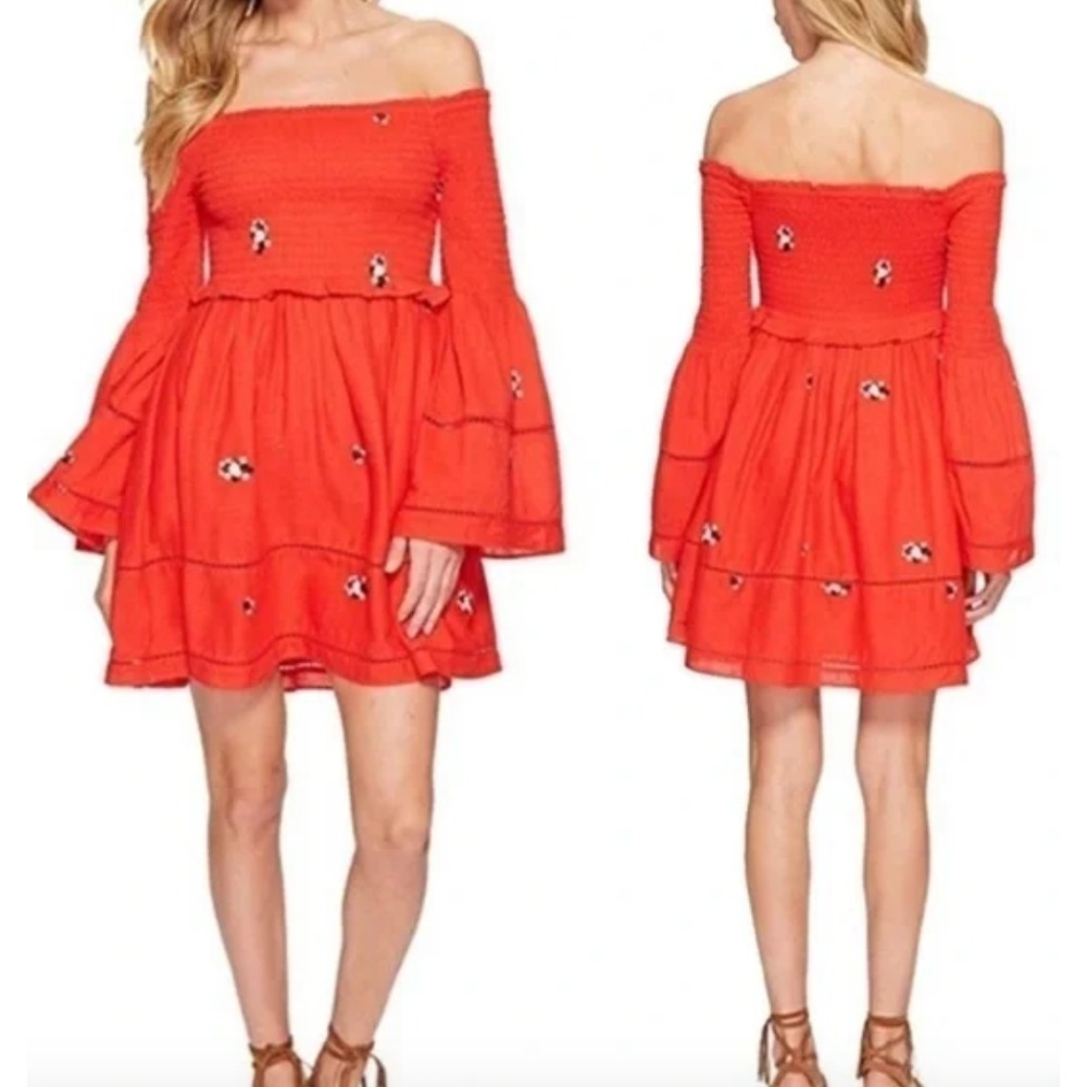 Free People Counting Daisies Bell Sleeved Dress Red Embroidery Boho Size Large